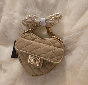 Quilted Heart Mini Crossbody Bag in Beige with Gold Hardware